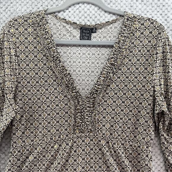 Y2K Suzie in the City Top Womens M Brown Gold Babydoll V-Neck Flared Long Sleeve - Picture 3 of 16